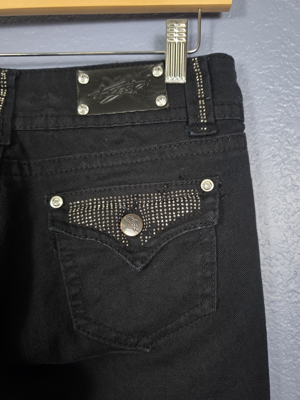 VTG Y2K Krystal Black Rhinestone Low Rise Bootcut Flare Jeans 3 30x28.5